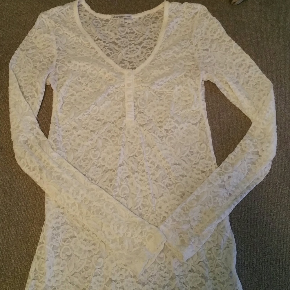 #184 Charlotte Russe White Lace Long-Sleeve Top